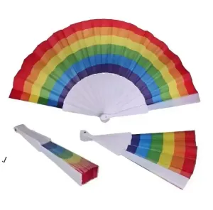 Ventaglio arcobaleno pieghevole Stampa arcobaleno Artigianato Favore di partito Decorazione di festival per la casa Ventilatori di danza tenuti in mano in plastica Regali 1000 pezzi Spedizione marittima