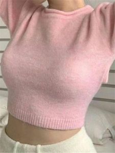 여자 스웨터 여름 붕대 니트 크롭 탑 여성 2023 한국 스타일 슬림 한 짧은 슬리브 티셔츠 여자 핑크 스위트 오 넥 티