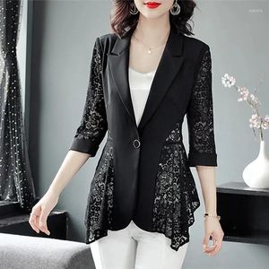 Women's Suits 2023 Spring Summer Black Small Suit Women Top Korean Version Slim Fit Lace Hollow Seven-point Sleeve Coat Man