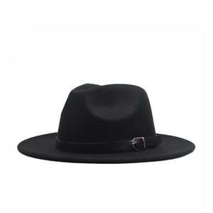 Autumn Winter Flat Brim Wool Felt fedora hattar med spänne jazz formell hatt panama mössa vanlig hatt män kvinnor stor brim filt hat249e