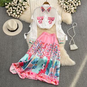 Vestido de duas peças conjunto de saia primavera verão 2023 moda feminina bolsos blusas irregulares e conjunto de saia longa rosa com estampa floral evasê