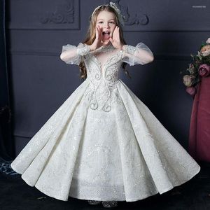 Flickaklänningar Flower Girls Formal Dress for Wedding Birthday Party Long Sleeve Tulle broderi Floral Kids Princess Children Gown