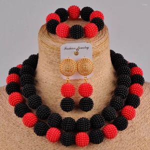 Conjunto de colar de brincos contas de casamento preto e vermelho africano bijuterias FZZ100