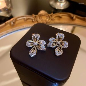 Stud Earrings Fashion Temperament Pearl Zircon Flower Female Korean Small Fragrance Light Luxury High-end Ear Jewelry