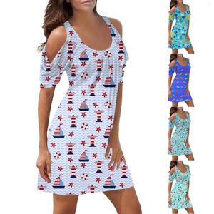 Casual Dresses Women's Dress Off the Shoulder Short Sleeve Cute Summer Ocean Print Leisure Holiday Beach kjol Vestidos de Verano Para