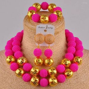 Necklace Earrings Set Fuchsia Pink African Jewelry Simulated Pearl Nigerian Beads For Women FZZ19