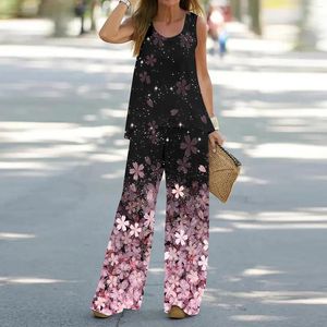 Calças femininas de duas peças femininas 2 roupas boho casual estampado colete sem mangas top casamento calças ternos para vinícolas elegantes