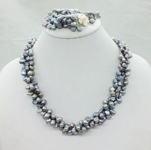 ネックレスのイヤリングは、その豪華なクラシックグレー3ストランドバロック淡水真珠とブレスレット19 