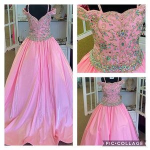 Major Beading Mädchen Festzugskleid 2024 Rosa Taft Kleines Kind Geburtstag Formelles Partykleid Kleinkind Kleinkind Teenager Preteen Tiny Young Junior Miss Schulterfreies Trägerkleid