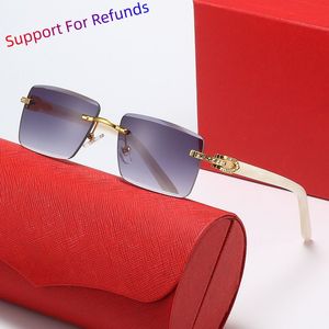 Sonnenbrille Designer randlose Brille Büffelhorn Holzrahmen braune Linse Mode ins Netz rot gleiche Männer und Frauen Vintage Großhandel mit Boxgläsern