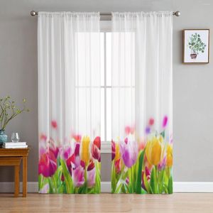 Vorhang, Feld bunter Frühlingstulpen, transparente Vorhänge für Wohnzimmer, Kinder, Schlafzimmer, Tüll, Küche, Fenster, Behandlungsvorhänge