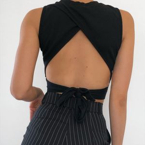 Kvinnors tankar Camis Sexig backless Women Tank Top Bandage Slim Crop Top Summer Casual Streetwear Tops Solid Cotton Soft Criss Cross Top 230609