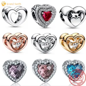 925 Sterling Silver för Pandora Charms Autentiska pärlarmband pärlor Rose Gold Radiant Heart Floating Stone