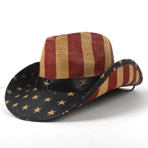 Sommer Unisex handgemachte amerikanische Flagge Cowboy Stroh Sonnenhut mit Lederband USA Wild Brim Caps für Männer und Frauen232r