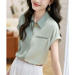 Women's Blouses Elegant Lapel Spliced Button Loose Batwing Sleeve Satin Shirt Women's Clothing 2023 Summer Casual Tops Office Lady