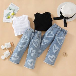 New Summer Kids Girls Clothing Set Sleeveless Vest Tops Tshirt with Love Heart Jeans Denim Pants 2pcs Set Children Girl Outfits Sets