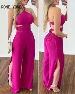 Kvinnors jumpsuits rompers kvinnor solid elegant sexig grimma cami skörd topp hög silt elastisk midja sexig arbet jumpsuit 230609