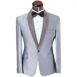 Herrdräkter mode män formella byxor för elegant grå shinny silver lapel prom tuxedo jacka brudgummen brudgum bröllop kostym