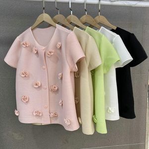 Camicette da donna 2023 Summer Round Neck Splice 3D Flower Miyake Cardigan corto pieghettato T-shirt da donna Cute Sweet Tops Donna