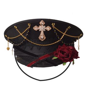 Berets Black Cross Gothic Lolita Military Hat Cap for Women Female Sailor Captain Flat Steampunk Carnival Halloween Hair Accessories 230609