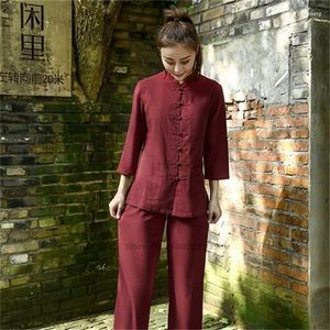 Ubranie etniczne 2023 Kobiety bawełniany lniany garnitur chiński tai chi mundurzy retro zen orientalne zestaw hanfu luźne spodnie