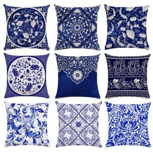 Pillow 45x45cm Classic Blue Printed Square Pillowcase Geometric Cover Car Sofa Bedding Decorative Pillowcover Home Decoration