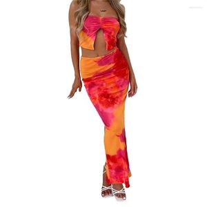 Work Dresses Tie-dye Print 2Pieces Dress Sets Women Summer Party Suits Off-Shoulder Strapless Slit Tube Top Wrap Long Skirt Beach Holiday