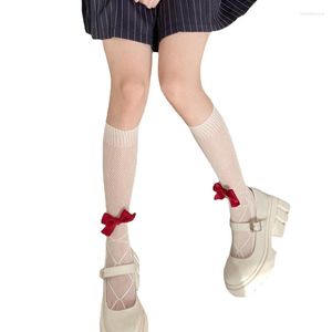 Women Socks Sweet Girls Lolita Mesh Long Calf Japanese Preppy Style Dots Faux Lace-Up Pattern Bowknot Fishnet Princess Mid Tube