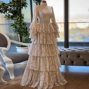 Vintage Full Lace Prom Dresses Tiered Long Sleeves A Line Formal Evening Gowns Floor Length Empire Waist Beige elegant Special Occasion Dress 2023