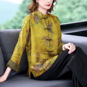 Ethnische Kleidung Sheng Coco Damen-Chinese-Hemd, gelbes Jacquard-Stil-Knopf-Mutter-Tang-Oberteil, traditionelles Cheongsam