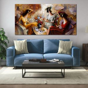 Şekil Özet Canvas Art Kadın Şarap ve Kahve El Boyalı Yağlı Boya Beyanı Parçası