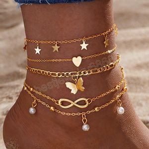 Guldfärg vintage fjärils ankletuppsättning för kvinnor flerskikt justerbara kärleks Anklet Armband på benfotstrandsmycken