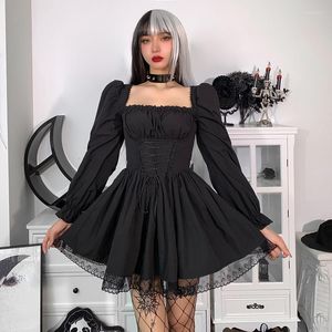 Casual Dresses Long Sleeve Black Dress Goth Puff High Waist Vintage Bandage Lace Party Gothic Clothes Princess Woman Vestidos