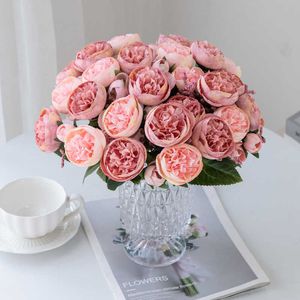 Getrocknete Blumen Künstliche Blume Seide Rose Grüne Blätter Pfingstrose Bouquet Gefälschte Für Hochzeit Tisch Party Weihnachten Home Decor Zubehör