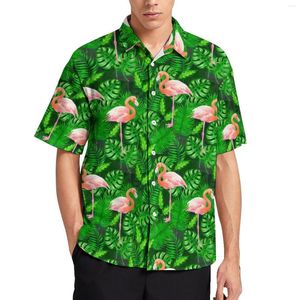 Männer Casual Hemden Flamingo Design Grün Palm Blatt Druck Strand Hemd Hawaii Street Style Blusen Männlich Große Größe