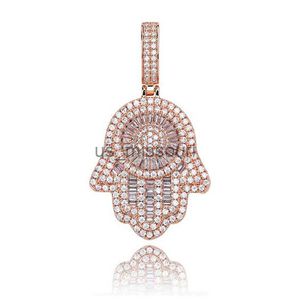 Pendant Necklaces Iced Out Hand of Fatima Hamsa Pendant Necklace CZ Copper Top Quality Cubic Zircon Bling For Men Women gifts J230612