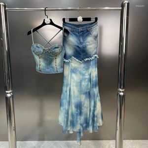 Work Dresses BORVEMAYS 2023 Summer Sleeveless Rivet Patchwork Denim Tank Tops High Waist Tie Dye Knee-length Mesh Skirts Two-piece Sets