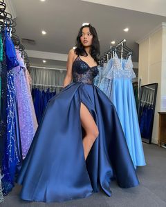 Vestidos de Baile Azul Marinho Ilusão Lantejoulas Decote em V Vestidos de Festa Vestidos de Noite Pregas Divididas Formais Longo Vestido para Ocasiões Especiais