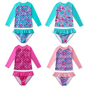 Kids Mermaid Swimwear Girls Fish Scale Swimsuit Child Gradient Sunscreen Tops Panties Long Sleeve Princess Shorts Bathing Suit Beachwear Swim Clothes B787