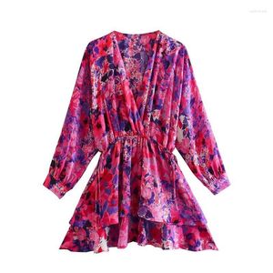 Casual Dresses C Women 2023 Fashion Flowers Print Dress for Ladies V Neck Strethy High midja långärmad mini