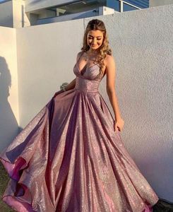 Dubai Arabisch Rosa Abendkleider in A-Linie, V-Ausschnitt, Spaghettiträger, Pailletten, formelles Abend-Partykleid, Abschlussball, Geburtstag, Schönheitswettbewerb, Promi-Kleider für besondere Anlässe