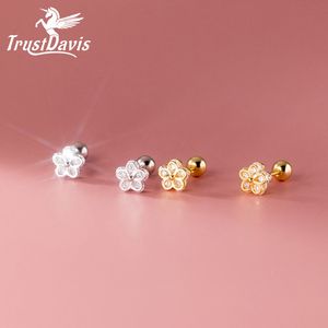 Brincos de parafuso com clipe para trás TrustDavis Real 925 prata esterlina Moda flor brilhante contas CZ brincos de parafuso prisioneiro para mulheres joias finas presente DA2960 230609