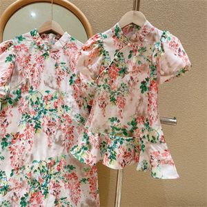 Girl's Dresses Mother and Me Clothes Short Sleeve Dress Kids Baby Chinese Cheongsam Mom Daughter Clothing Princess