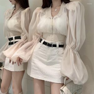 Bluzki damskie 2023 Korean Chic Long Lantern Sleeve for Women Summer V SCICK ZAPIPER ELASTIC HIGH TALIST BLUSAS Woman Top Kobieta