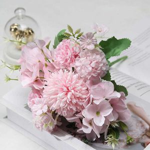 Dried Flowers Pink Silk Hydrangea Fake Flower Bridal Bouquet Peony Rose White Christmas Wedding Home Decoration