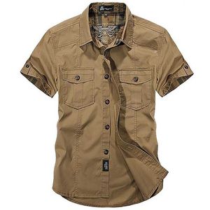 Men's Dress Shirts Fashion Cotton Casual Shirts Summer Men Plus Size Loose Baggy Shirts Short Sleeve Turn-down Collar Military Style Male Clothing 230612