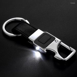 Keychains 2023 Men Metal Keychain Business Style Black Leather LED Light Opener Multi-function Car Bag Key Chain For Keyring