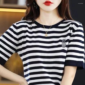 Camisetas femininas 2023 verão coreano bordado malha camisetas femininas manga curta gola redonda listrada camisa moda pullover tops chique