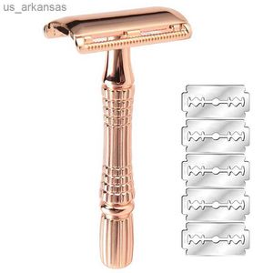 YINTAL Rose Gold Men's Manual Classic Barber Shaving Safety Razor Shaver com 5 Lâminas para Barba Corte de Cabelo Cuidados Pessoais L230523