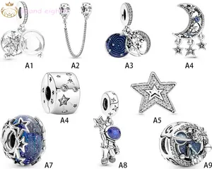 För Pandora Charms Sterling Silver Pärlor Starry Sky Galaxy Astronaut Star Glass Bead